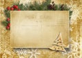 ÃÂ¡hristmas background. Vintage postcard with firtree, holly and cone. Greeting holiday card Royalty Free Stock Photo