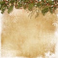 ÃÂ¡hristmas background. Vintage postcard with firtree, holly and cone. Greeting holiday card Royalty Free Stock Photo