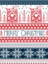 Hristmas, festive winter seamless pattern in cross stitch with gingerbread house, Christmas tree, heart, reindeer in blue, red