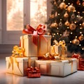 ?hristmas gift boxes on Christmas tree background, Christmas and New Year holidays concept, realistic design