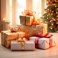 ?hristmas gift boxes on Christmas tree background, Christmas and New Year holidays concept, realistic design