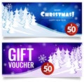 Hristmas gift voucher. On background of winter snow forest.