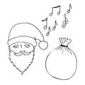 Santa and a bag of gifts, outline. Doodle. Christmas and New Year decor.