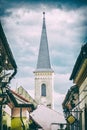 Hrnciarska street with Calvinist church in Kosice, analog filter Royalty Free Stock Photo