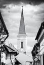 Hrnciarska street with Calvinist church, Kosice, colorless Royalty Free Stock Photo