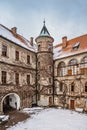 Hruba Skala,Czech Republic.Courtyard of Renaissance chateau located on sandstone bedrock in Cesky raj,Bohemian Paradise,winter Royalty Free Stock Photo