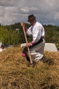 HRUSOV, SLOVAKIA - AUGUST 16: Old farmer in traditional costume picking straw during folklore festival Hontianska Parada on August Royalty Free Stock Photo