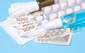 Hryvnia banknotes. Concept of expensive medecine. Reduce the risk of infection. The concept of protection against Royalty Free Stock Photo