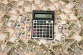 500 hryvnia bills with calculator  as background. Close up. Top view Royalty Free Stock Photo