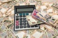 500 hryvnia bills with calculator  as background. Close up. Top view Royalty Free Stock Photo