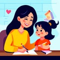 hter doing homework at home. Cartoon mom and daughter drawing with pencils. Parenting, education, family time concept AI Generated