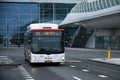 HTM\'s red and white city bus on bus platform at The Hague Central Station