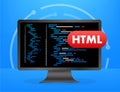 Computer monitor showing html programming code on blue background Royalty Free Stock Photo