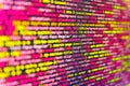 HTML code on lcd screen. Database bits access stream visualisation. SEO optimization. Digital technology on display. Hi-tech Royalty Free Stock Photo
