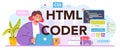 HTML coder typographic header. Website development process. Digital