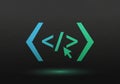 HTML coding symbols in blue-green gradient appear on a dark background. The desig Royalty Free Stock Photo
