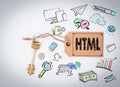 HTML Computer Coding, Website Concept. Key and note on white background