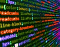 HTML CSS3 source code on lcd screen with black background. Monitor closeup of function source code. Programmer working in a Royalty Free Stock Photo