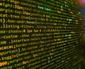 HTML CSS3 source code on lcd screen with black background. Programming code abstract screen of software developer. Modern Royalty Free Stock Photo