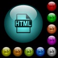 HTML file format icons in color illuminated glass buttons
