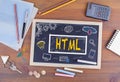 HTML Homepage Domain Web Design Concept. Chalkboard on wooden of Royalty Free Stock Photo