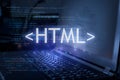 HTML inscription against laptop and code background. Learn html programming language, computer courses, training