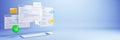 HTML and JavaScript code interface with keyboard and file icons on clean light blue background for software development and web