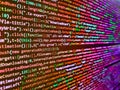 HTML markup language closeup. Big data storage and cloud. P. PHP syntax highlighted. Coding script text on screen. Screen display
