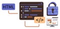 Web Development and Cybersecurity Concepts Featuring Coding, HTML, and Data Analysis Royalty Free Stock Photo