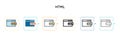 Html vector icon in 6 different modern styles. Black, two colored html icons designed in filled, outline, line and stroke style.