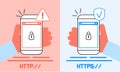 HTTP and HTTPS protocols difference concept vector. Cyber safe, security for website, app are shown. Lock is opened and Royalty Free Stock Photo
