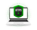 HTTPS and HTTP protocols, safe web surfing and data encryption. Computer banner Vector illustration. Royalty Free Stock Photo