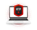 HTTPS and HTTP protocols, safe web surfing and data encryption. Computer banner Vector illustration. Royalty Free Stock Photo