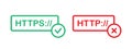 HTTPS and HTTP website connection safety status icon. Red and green web URL bar with check and cross mark. Browser network Royalty Free Stock Photo