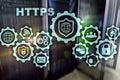 HTTPS. Hypertext Transport Protocol Secure. Technology Concept on Server Room Background. Virtual Icon for network