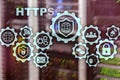 HTTPS. Hypertext Transport Protocol Secure. Technology Concept on Server Room Background. Virtual Icon for network