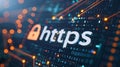 Https sign and a lock on a blue circuit board background, SEO term for a safe encrypted connection on Internet with SSL Royalty Free Stock Photo