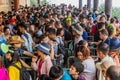 HUA SHAN, CHINA - AUGUST 4, 2018: People waiting in a line for a cable car at the Hua Shan mountain in Shaanxi province