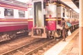 Hualampong railway station Bangkok, December, 2018:solo traveler Thailand by train finding platform to get in