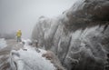 The worker that prepare for cleaning up along the walkway at Huangshan mountain or yellow mountain. Located at the Anhui province