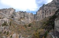 Huangshan Mountain in Anhui Province, China. Narrow Cliff between Turtle Peak and Lotus Peak with walkers on the steep paths Royalty Free Stock Photo