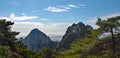 Huangshan Mountain in Anhui Province, China. View of Lotus Peak on right and Celestial Capital Peak on left from Bright Top Royalty Free Stock Photo