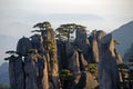 Huangshan Mountain in Anhui Province, China. Close up view at sunrise from Dawn Pavilion with a rocky outcrop and pine trees Royalty Free Stock Photo