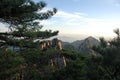 Huangshan Mountain in Anhui Province, China. View at sunrise from Dawn Pavilion viewpoint with a rocky outcrop and pine trees Royalty Free Stock Photo