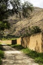 huanuco peru dirt road in a valley with mountains with adobe wall abandoned without people