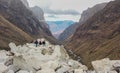 Huaraz/Peru - Oct.09.19: tourists climbing rocks on the way to Paron lagoon