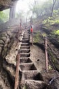 Huashan mountain stairs up view with mist and fog - Xian, Shaaxi Province, China