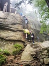 Huashan mountain: tourists climbing up the stairs trail to the North Peak - Xian, Shaaxi Province, China Royalty Free Stock Photo