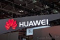 Huawei company logo on the wall. Huawei Technologies Co. is a Chinese multinational networking and telecommunications