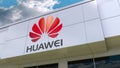 Huawei logo on the modern building facade. Editorial 3D rendering